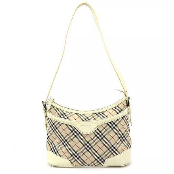 Auth BURBERRY Nova Chesk Shoulder Bag Beige/Off White Canvas/Leather - Picture 1 of 14